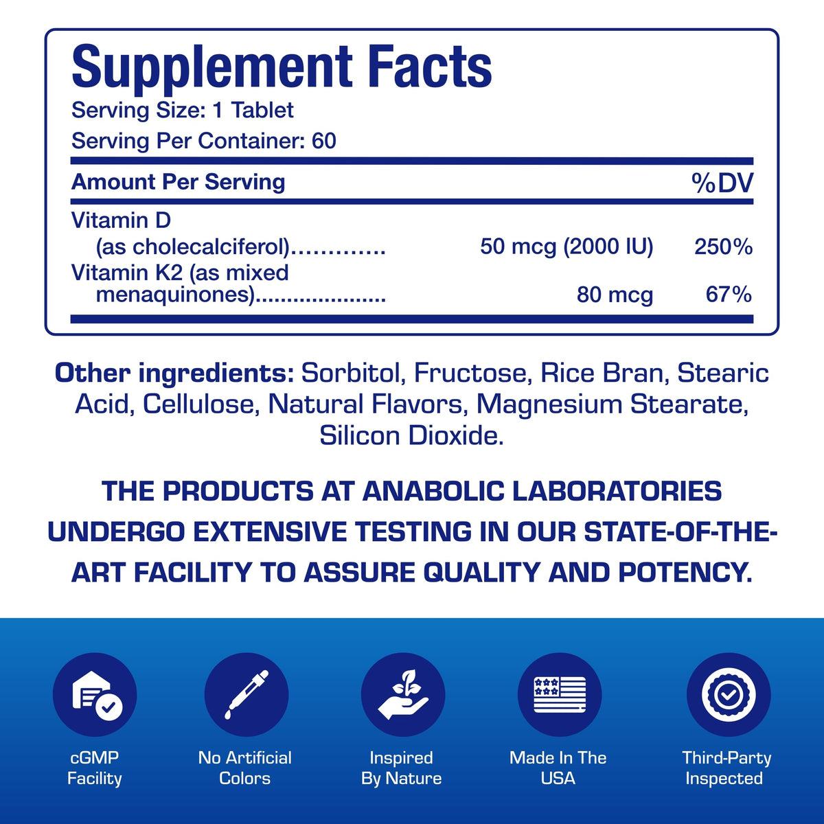 Anabolic Laboratories Complément Alimentaire D3 K2 2000UI 60 Comprimés à Mâcher avec goût de cannelle