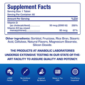 Anabolic Laboratories Complément Alimentaire D3 K2 2000UI 60 Comprimés à Mâcher avec goût de cannelle