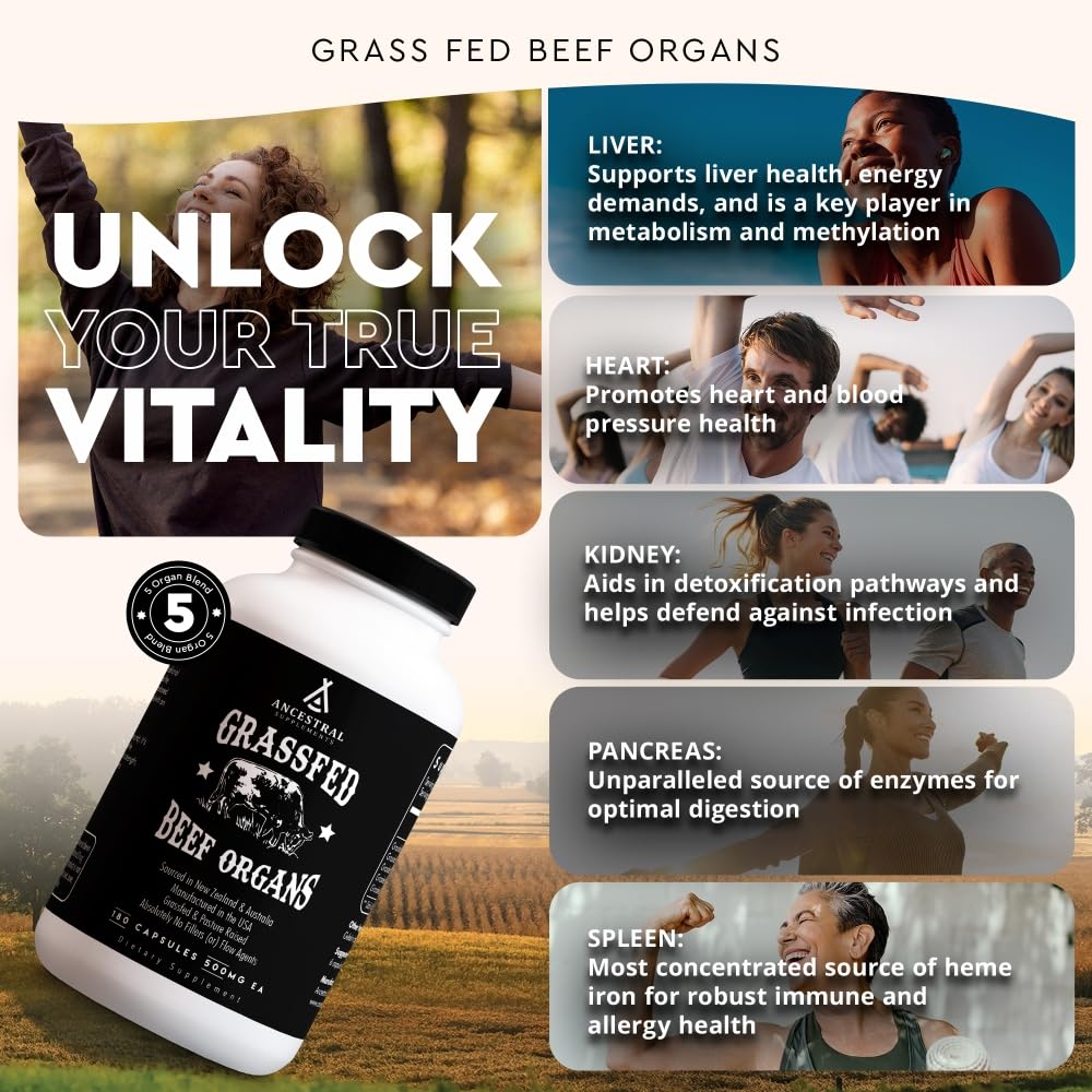 Ancestral Supplements Complément Alimentaire Organes de Boeuf 180 Capsules vue arrière