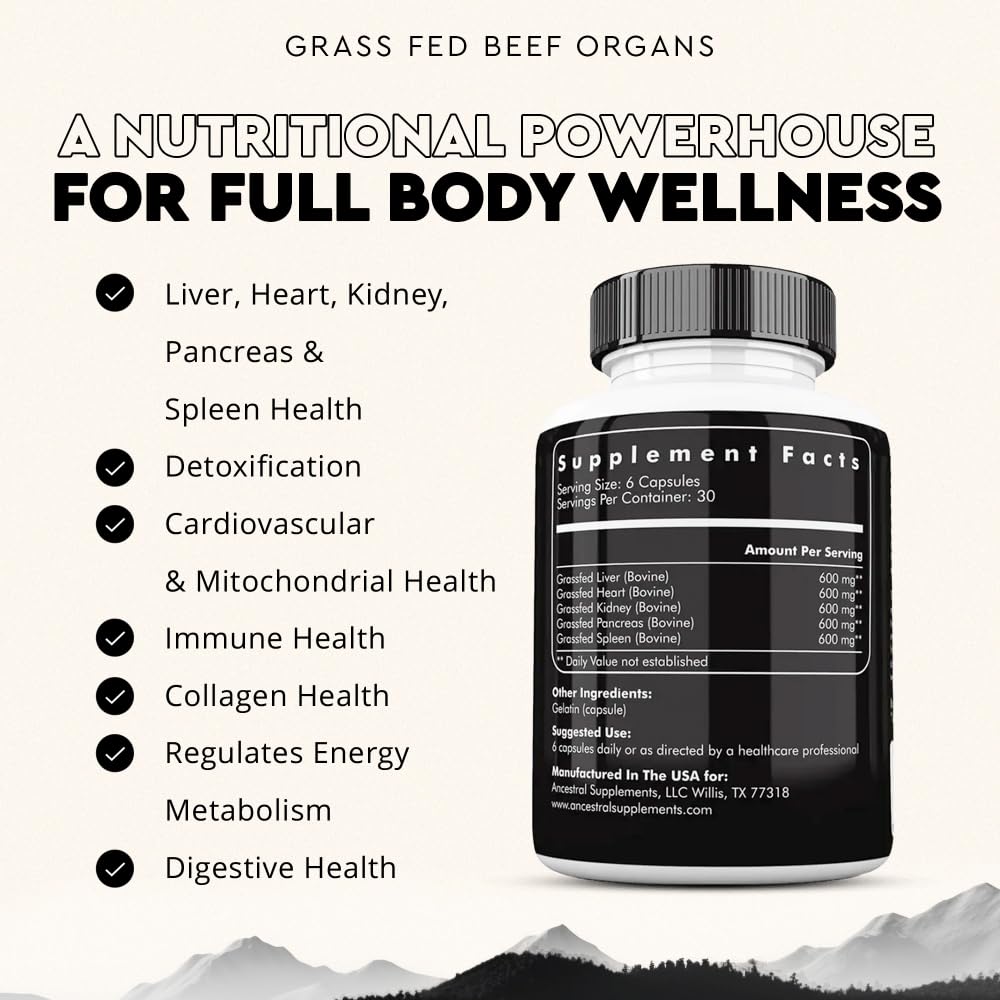 Ancestral Supplements Complément Alimentaire Organes de Boeuf 180 Capsules côté