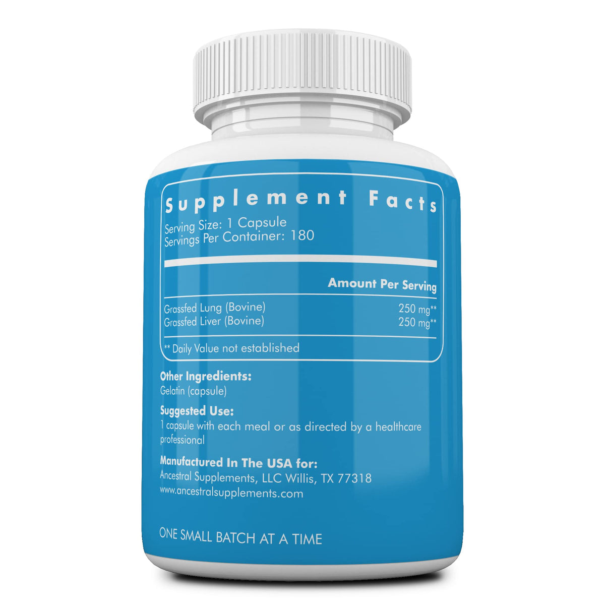 Ancestral Supplements Complément Alimentaire Poumon de Boeuf 180 Capsules - étiquette