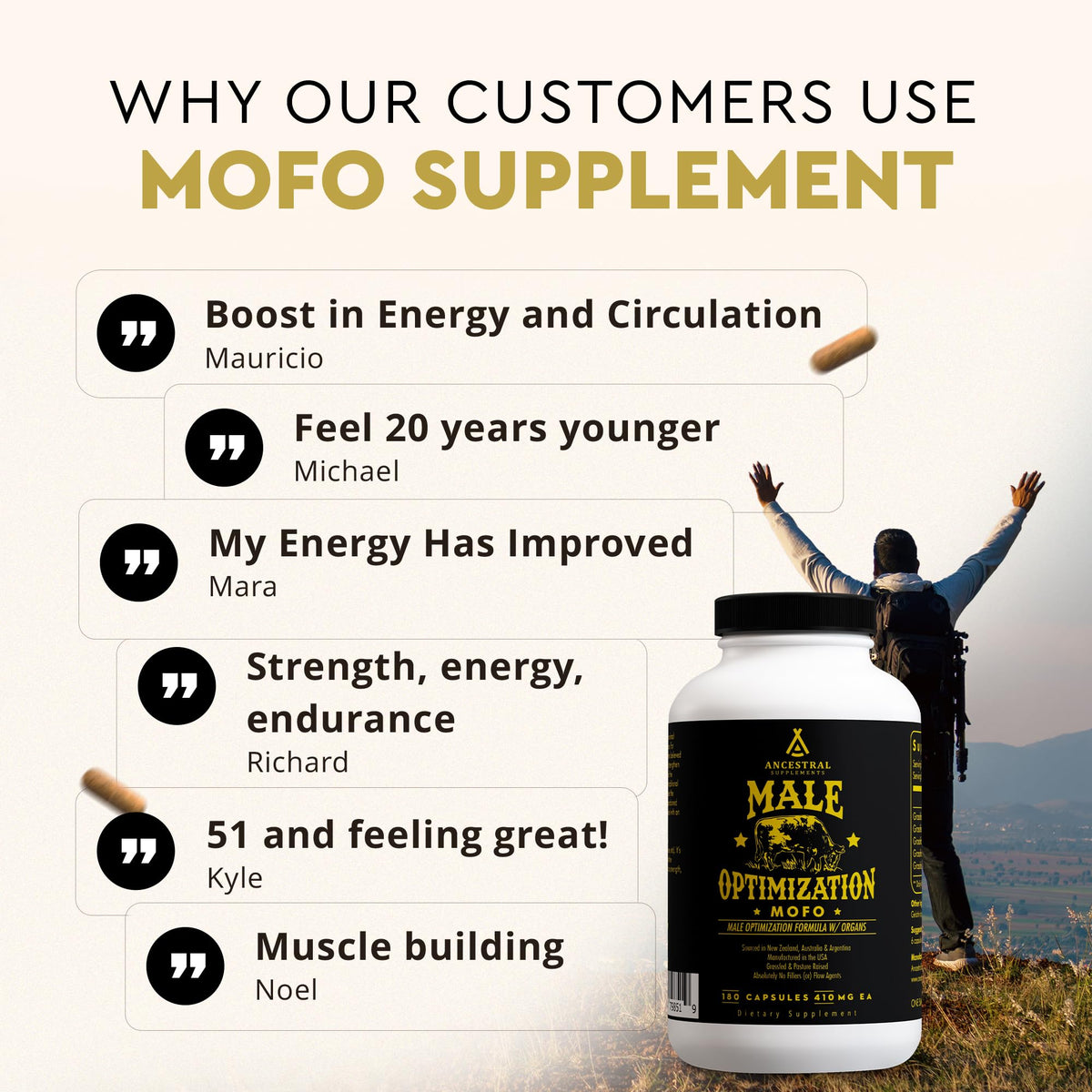 Ancestral Supplements Mofo Complément Alimentaire capsules à côté d'un verre d'eau