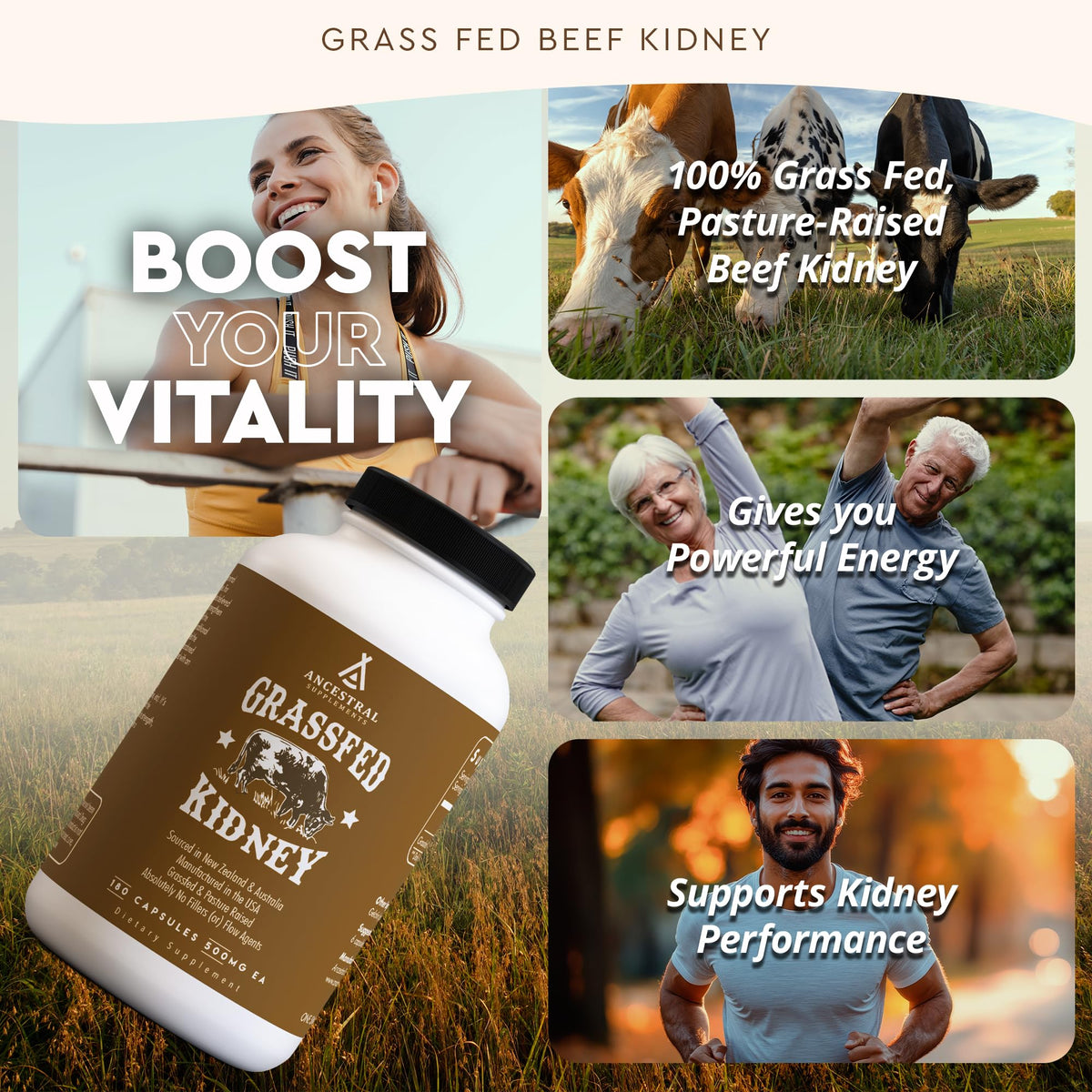 Ancestral Supplements Rein Boeuf 3000mg étiquette avec informations nutritionnelles