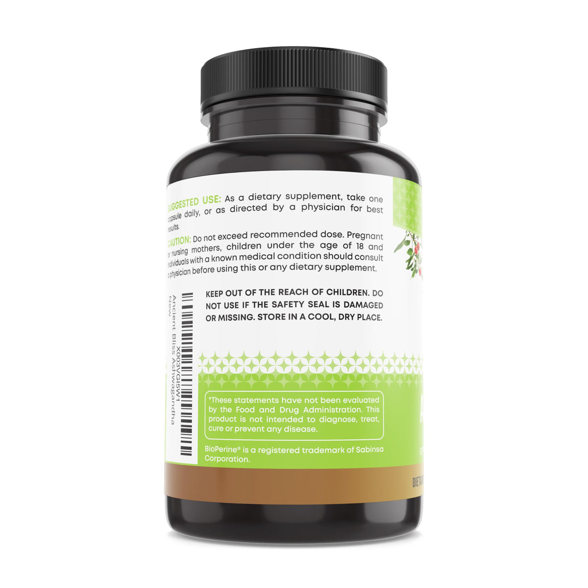 Ancient Bliss Ashwagandha capsules avec L-Théanine et Extrait de Poivre Noir sur fond blanc