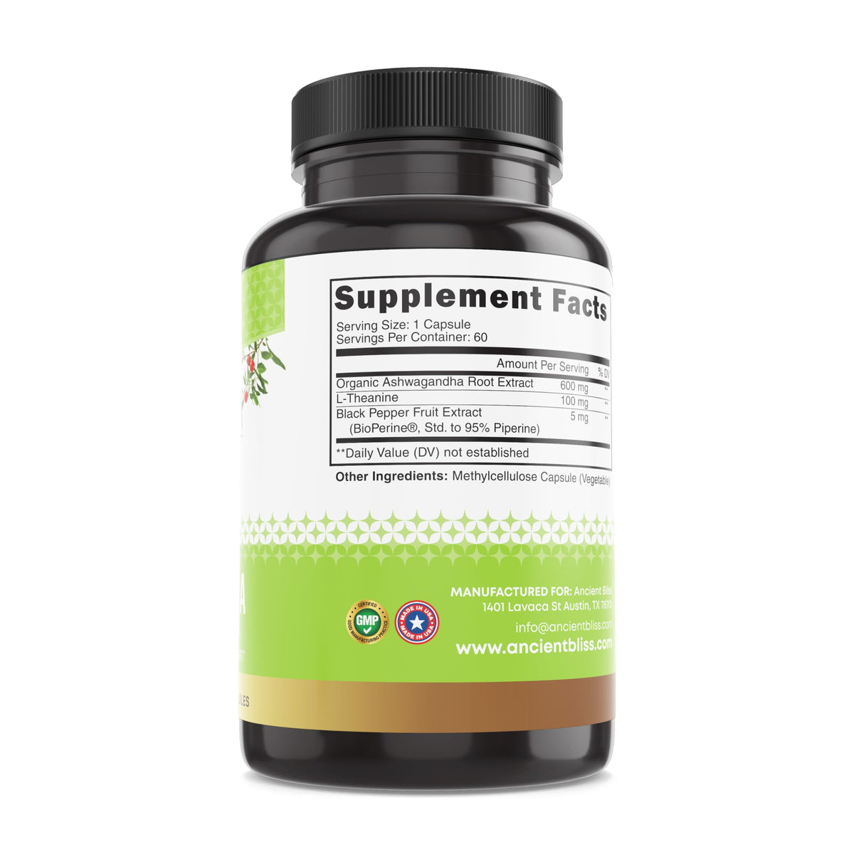 Ancient Bliss Ashwagandha capsules ouvertes avec contenu visible