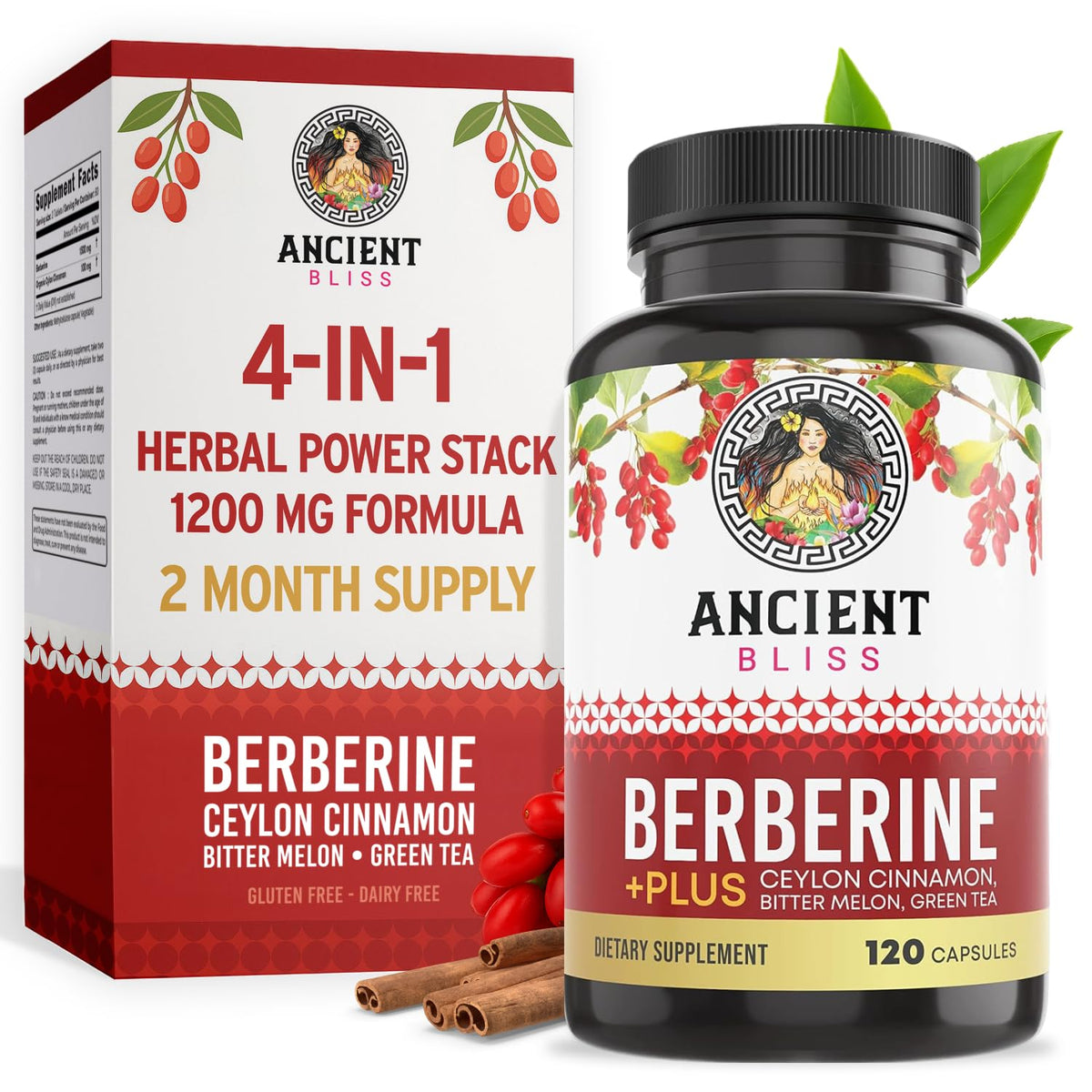 Ancient Bliss Berberine HCL 1200mg capsules front view