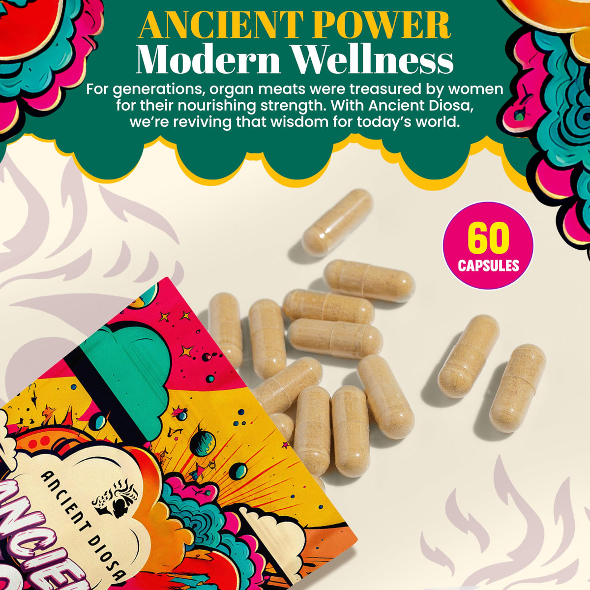 ANCIENT DIOSA Complément Alimentaire Foie de Boeuf 338mg - capsules dans un verre
