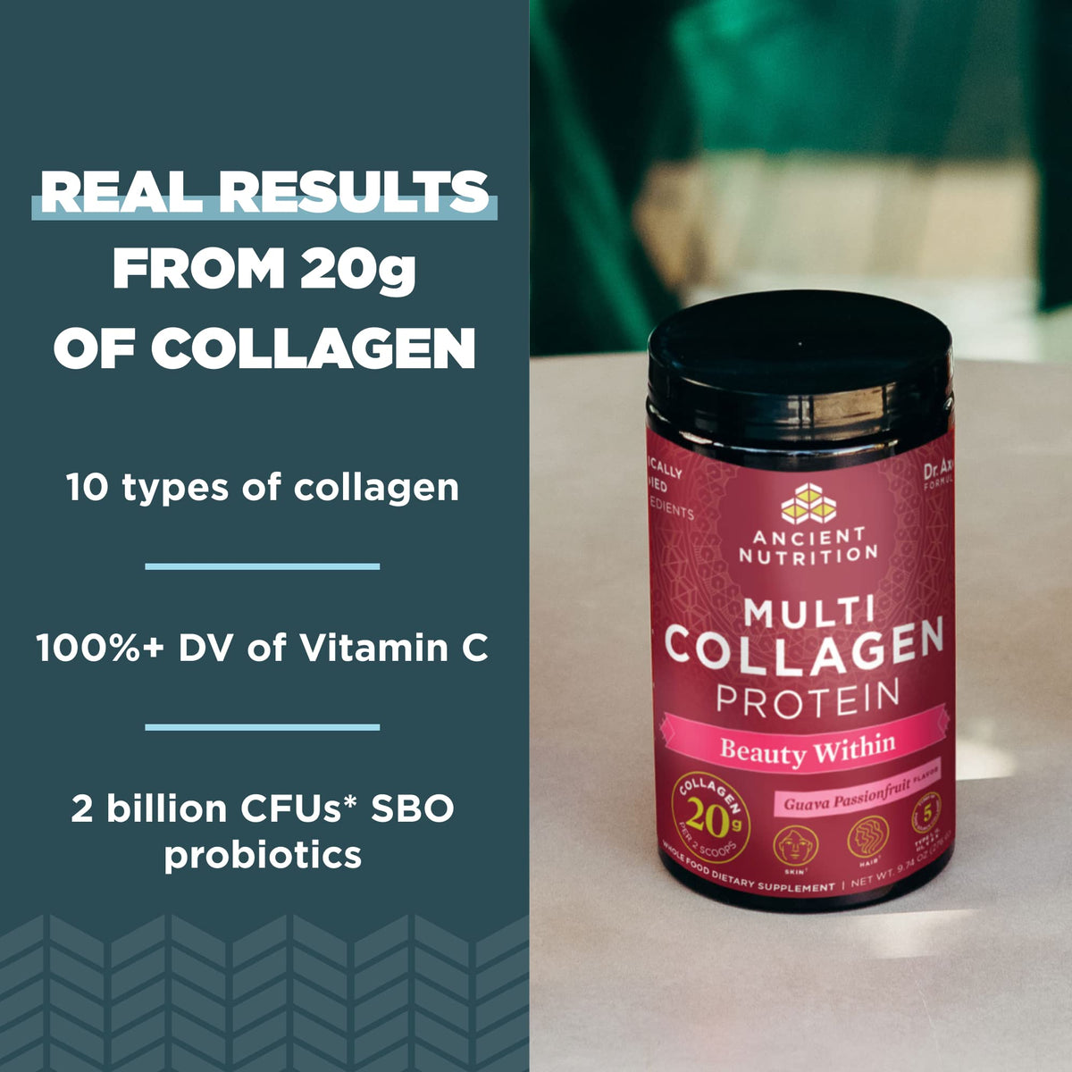 Ancient Nutrition Beauty Within 630g powder in a glass