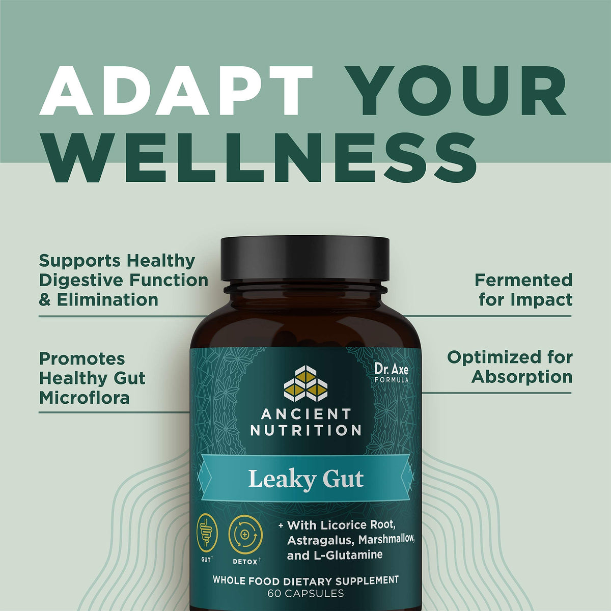 Ancient Nutrition Capsules Leaky Gut sur une table en bois