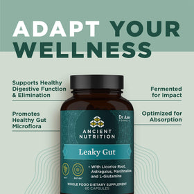 Ancient Nutrition Capsules Leaky Gut sur une table en bois