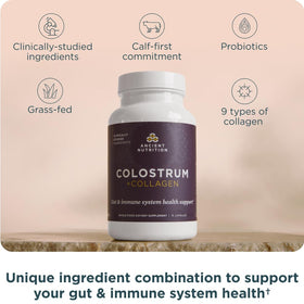 Ancient Nutrition Colostrum Bovin + Collagène capsules sur une table