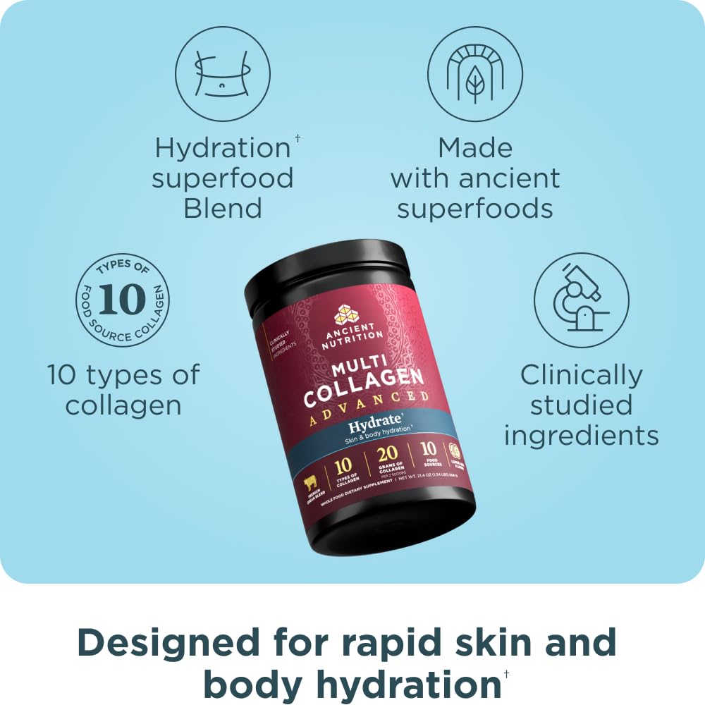 Ancient Nutrition Multi Collagen Advanced Hydrate 590g avec étiquette visible