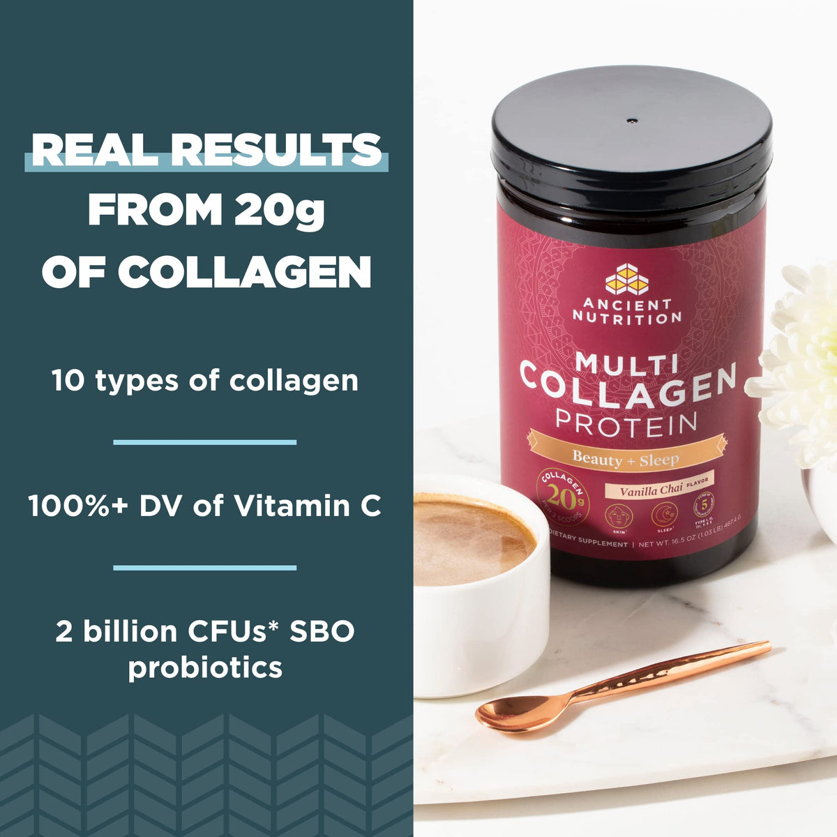 Ancient Nutrition Multi Collagen Peptides 572g - poudre dans un verre