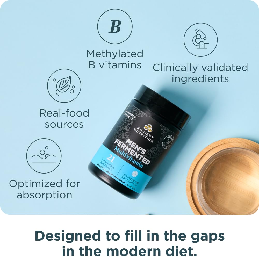 Ancient Nutrition Multivitamine Methylée Fermentée pour Hommes, étiquette avec ingrédients