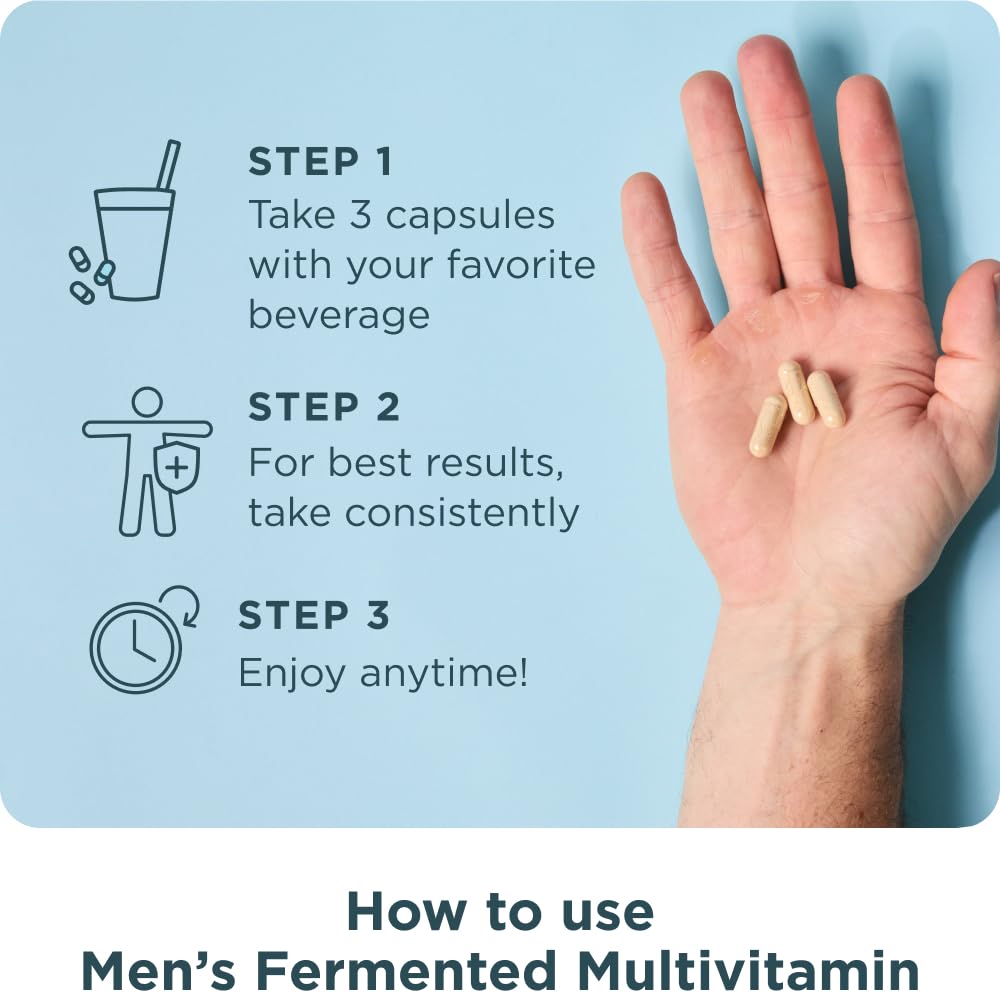 Ancient Nutrition Multivitamine Methylée Fermentée pour Hommes, présentation avec verre d'eau