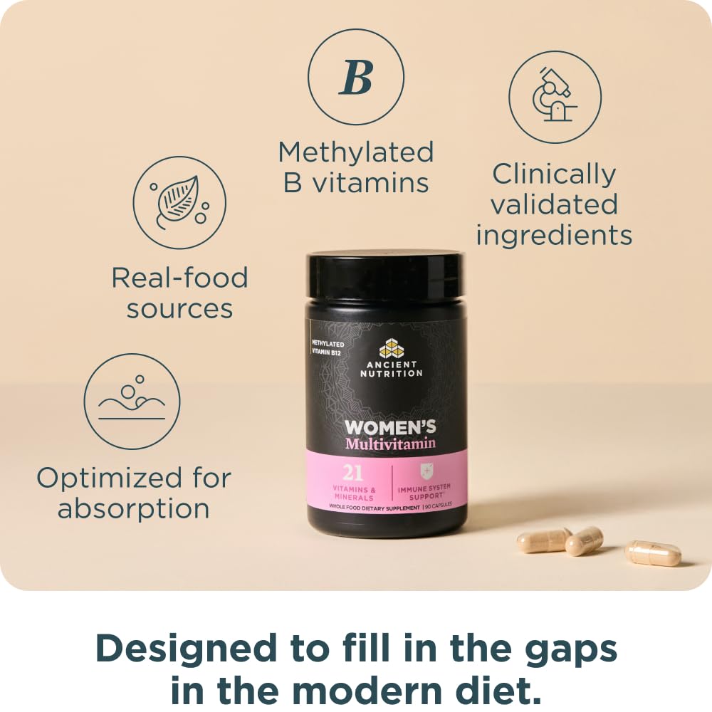Ancient Nutrition Multivitamine Methylée pour Femmes 100g avec ingrédients sur une table