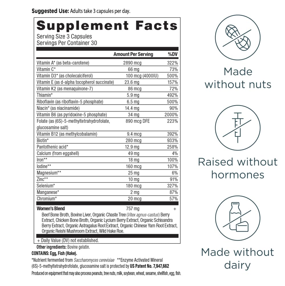 Ancient Nutrition Multivitamine Methylée pour Femmes 100g capsules dans un verre