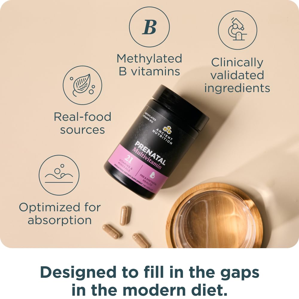 Ancient Nutrition Multivitamine Prénatale Methylée capsules sur une table