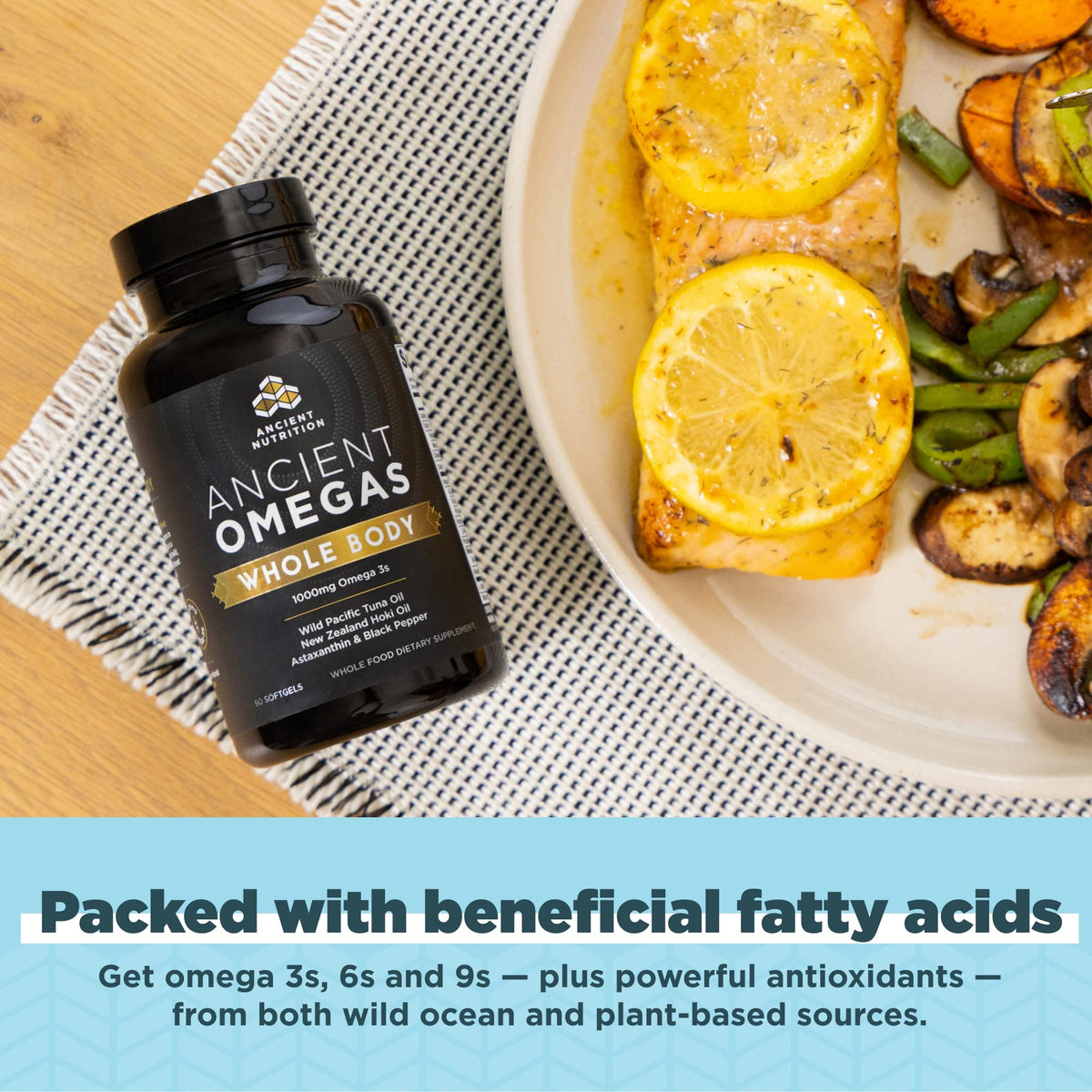 Ancient Nutrition Omegas Whole Body 159g, capsules à l'intérieur