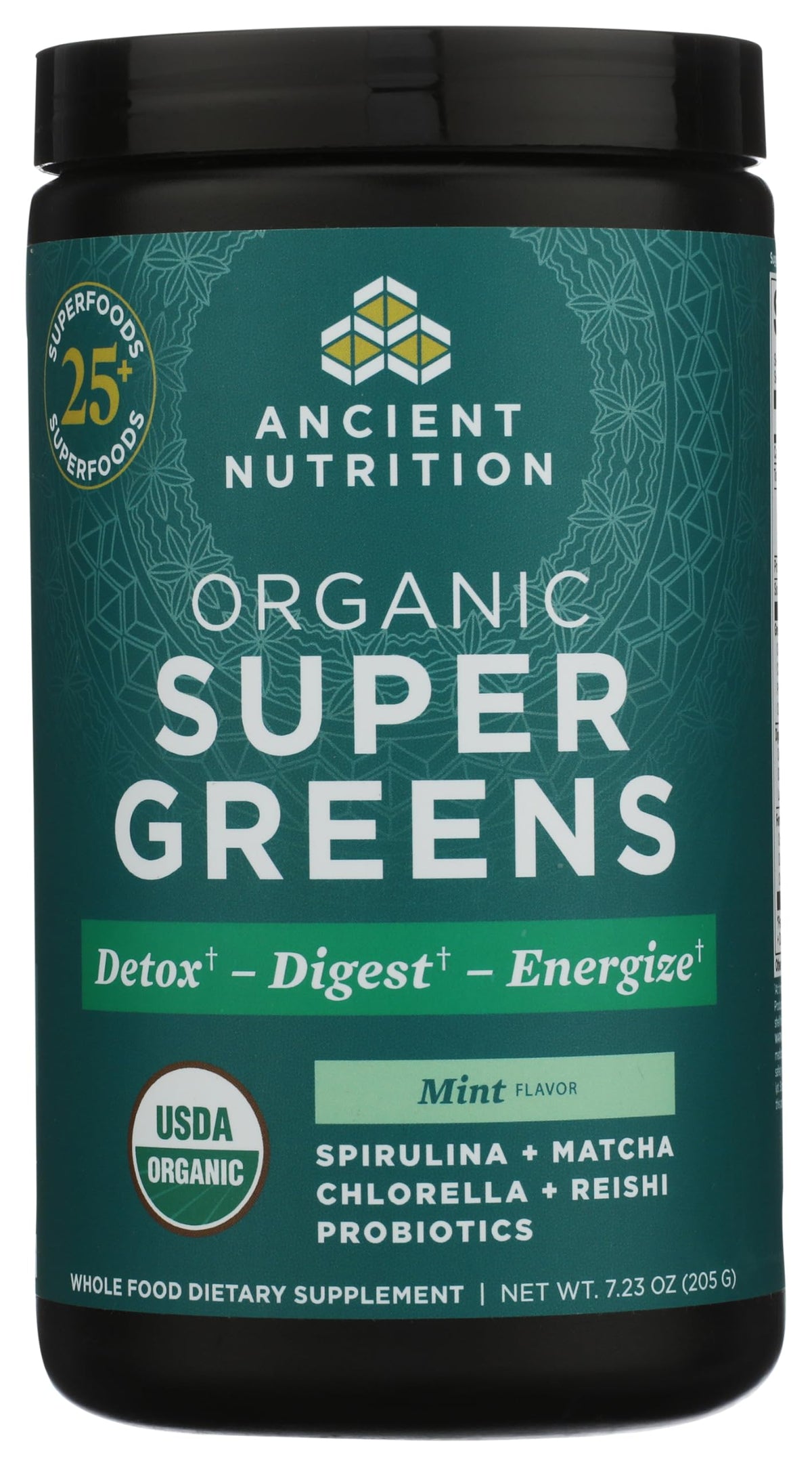 Ancient Nutrition Poudre de Super Greens Bio 272g vue de face avec emballage