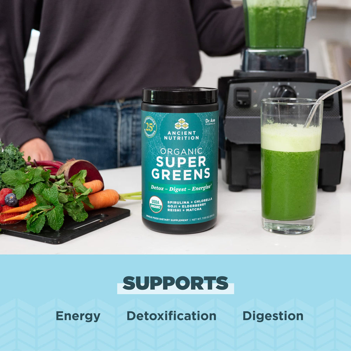 Ancient Nutrition Poudre de Super Greens Bio 322g avec cuillère dosette