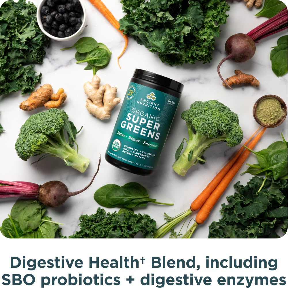 Ancient Nutrition Poudre de Super Greens Bio 322g avec fruits et légumes