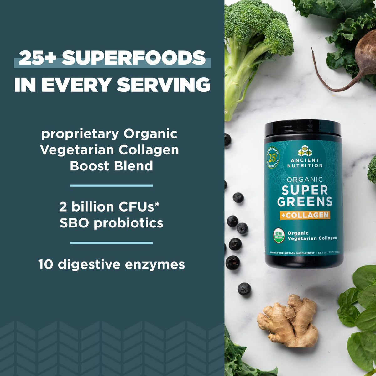 Ancient Nutrition Poudre de Super Greens Bio + Collagène en poudre dans un verre