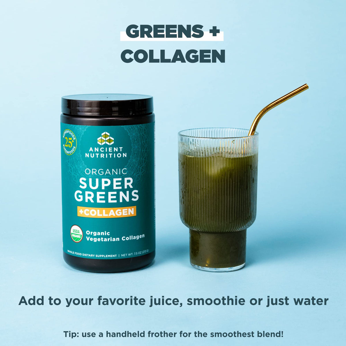 Ancient Nutrition Poudre de Super Greens Bio + Collagène vue de côté