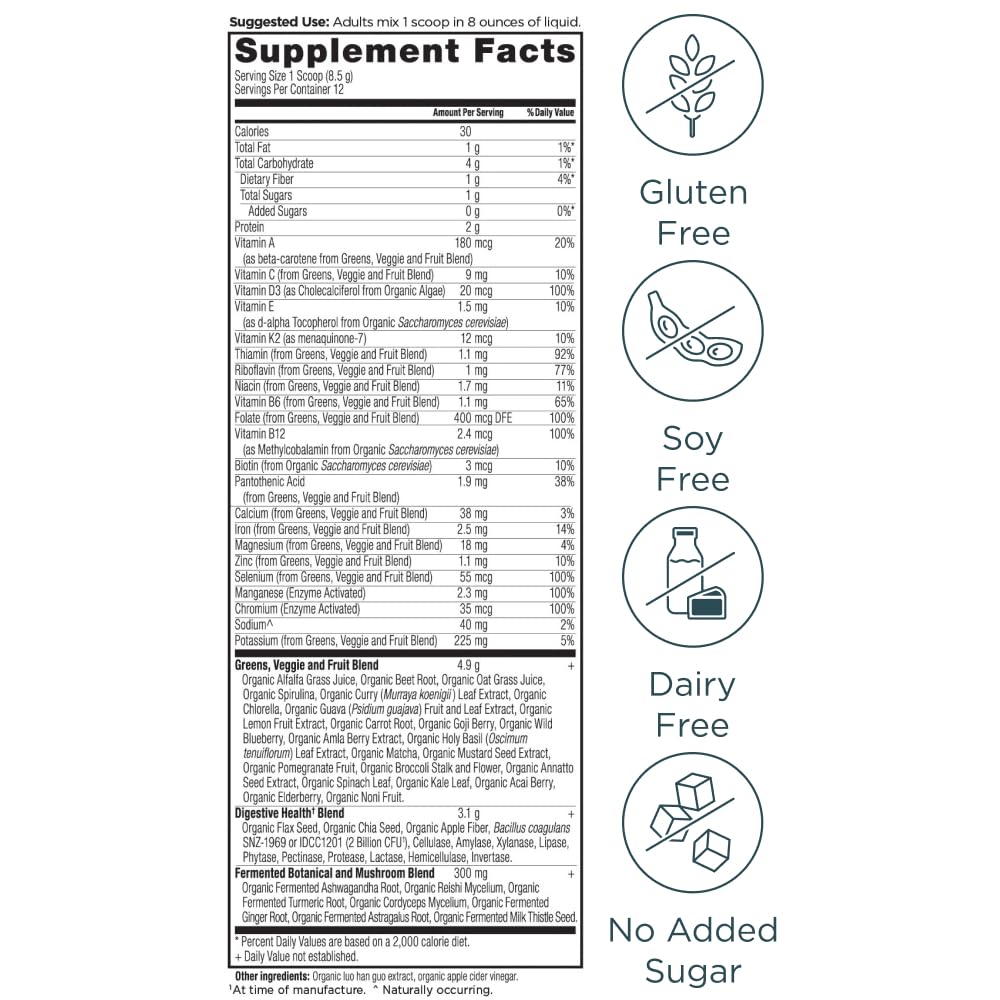 Ancient Nutrition Poudre de Super Greens Bio + Multivitamines 170g avec fruits et légumes