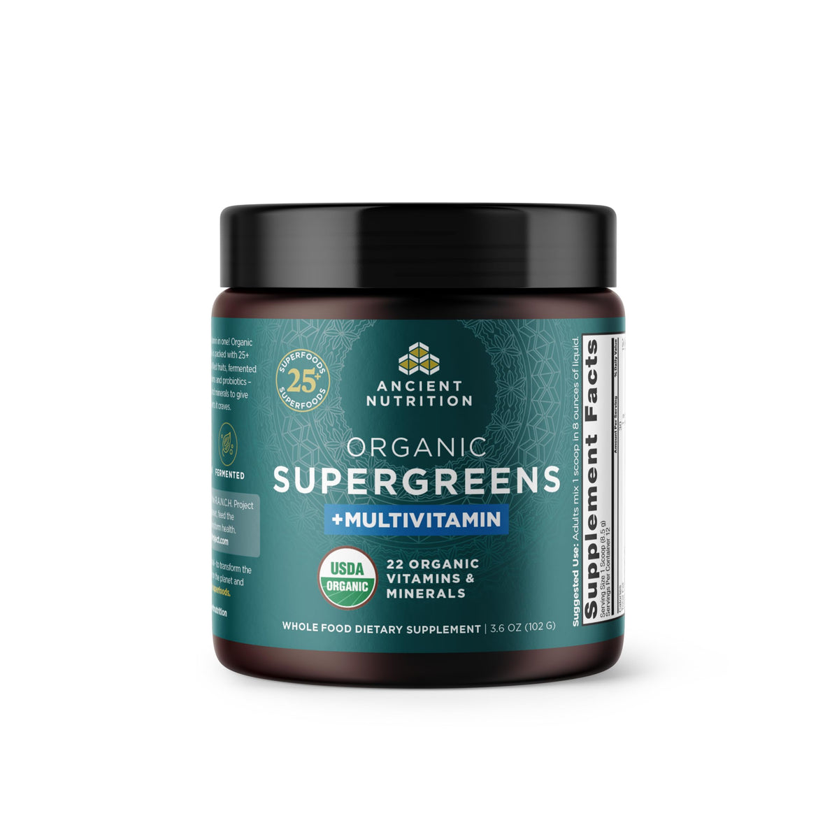 Ancient Nutrition Poudre de Super Greens Bio + Multivitamines 170g vue de face