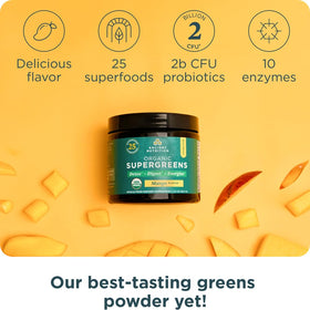 Ancient Nutrition Poudre Super Greens Bio Mangue 159g dans un bol avec des fruits