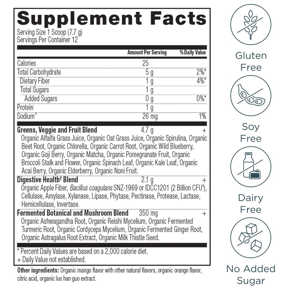Ancient Nutrition Poudre Super Greens Bio Mangue 159g emballage