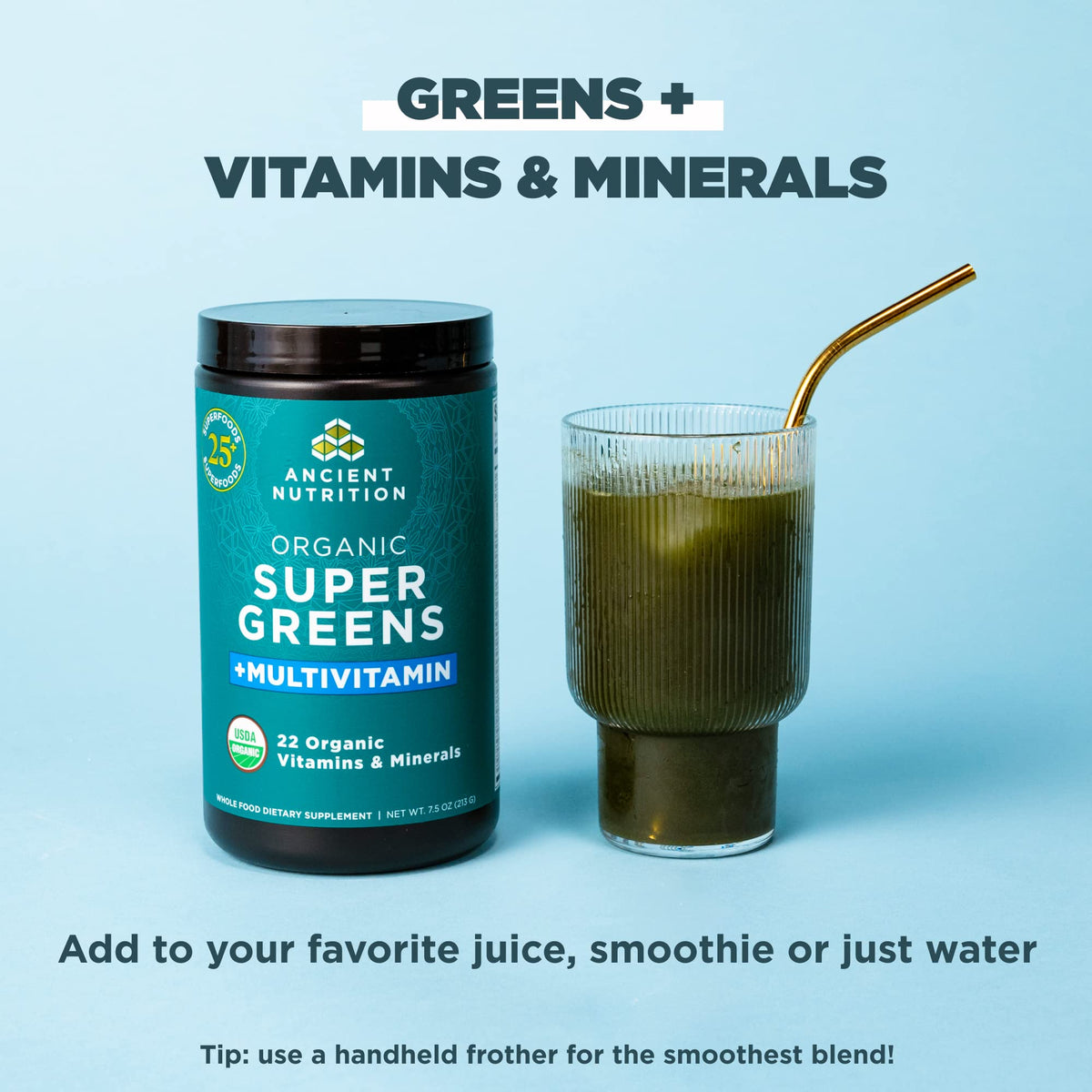 Ancient Nutrition Poudre Supergreens bio 308g avec étiquette détaillée