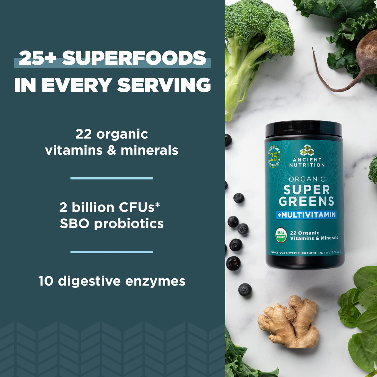 Ancient Nutrition Poudre Supergreens bio 308g en préparation de smoothie