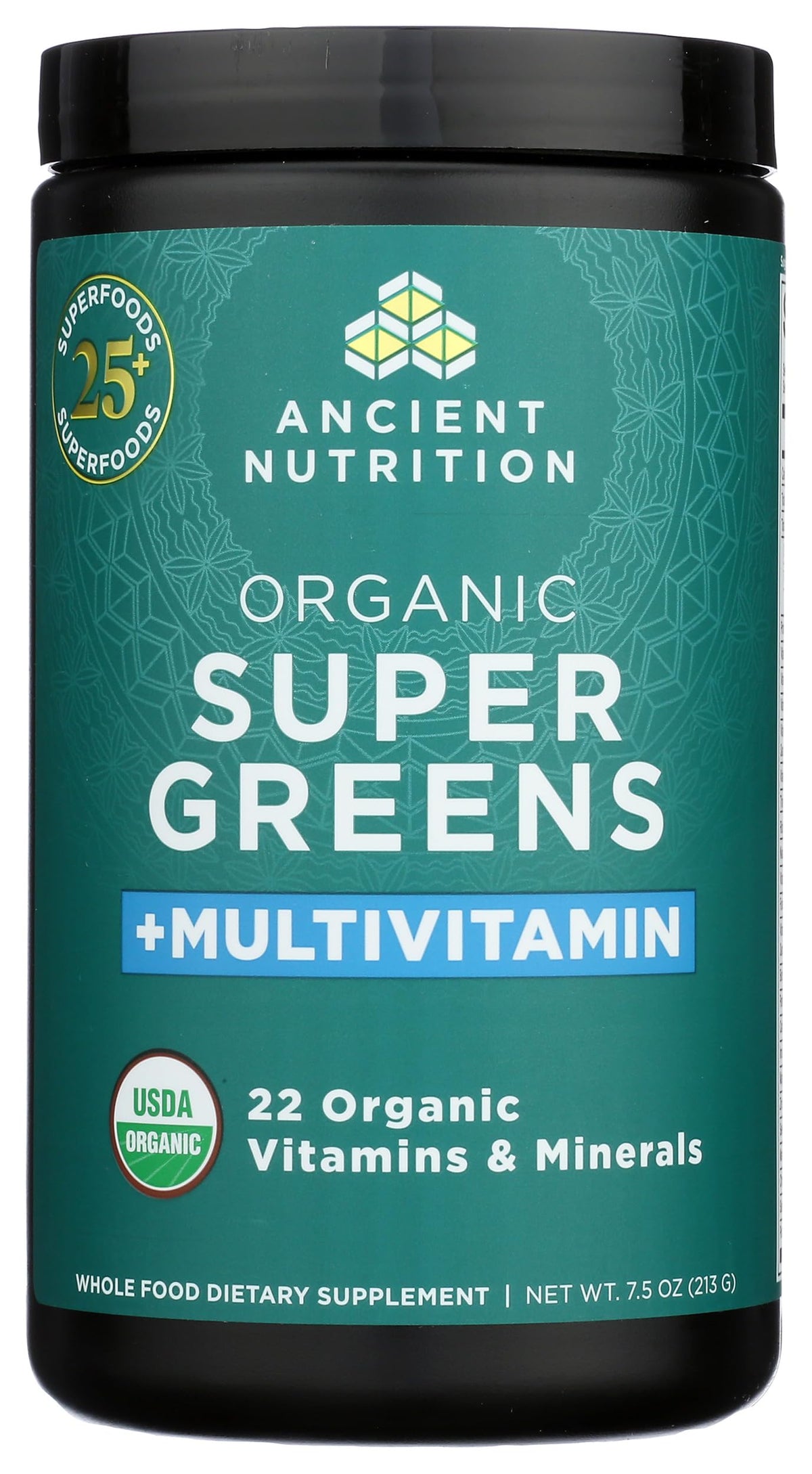 Ancient Nutrition Poudre Supergreens bio 308g sur une table avec des ingrédients