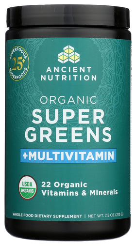 Ancient Nutrition Poudre Supergreens bio 308g sur une table avec des ingrédients