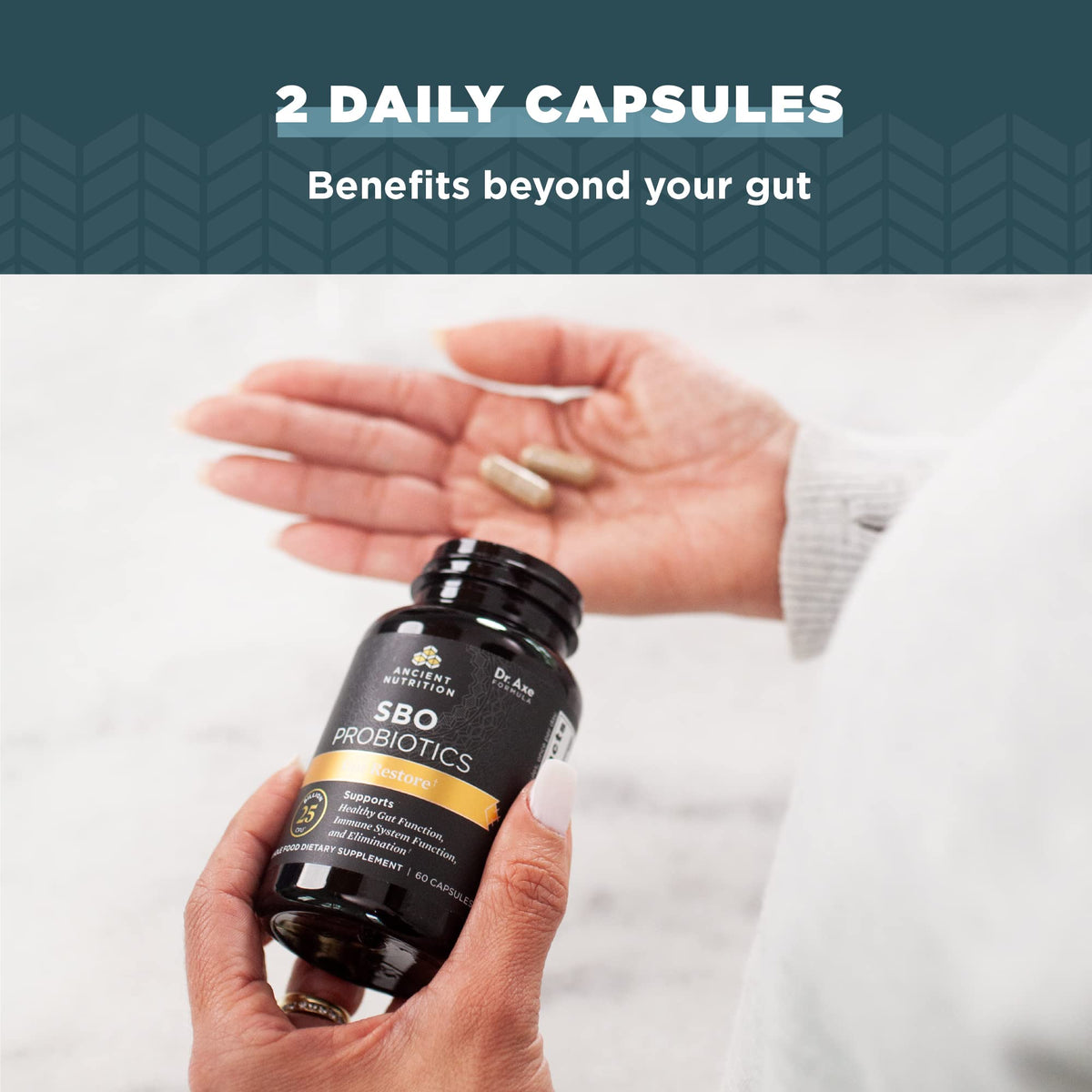 Ancient Nutrition SBO Probiotiques Gut Restore capsules en gros plan