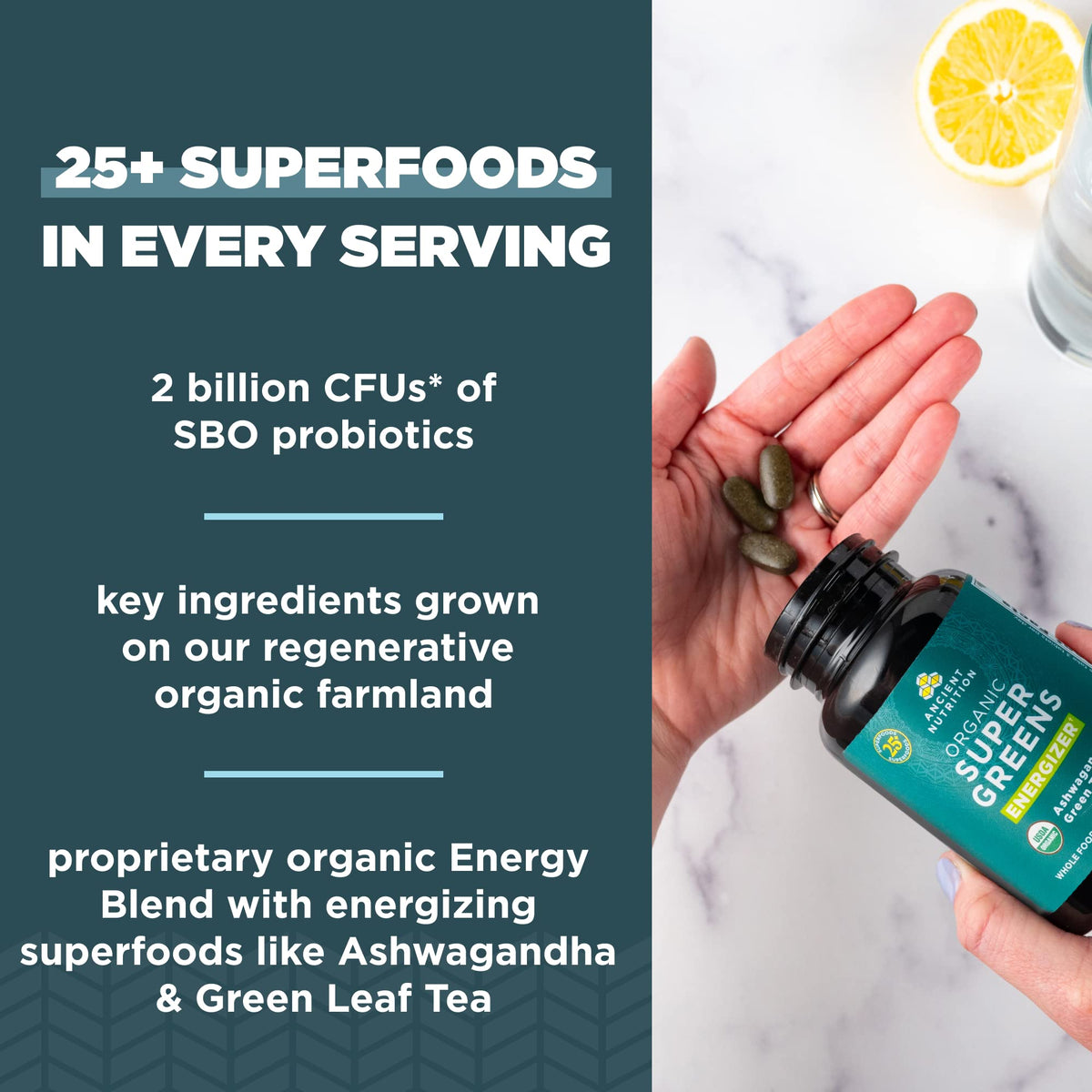 Ancient Nutrition Super Greens capsules avec étiquette
