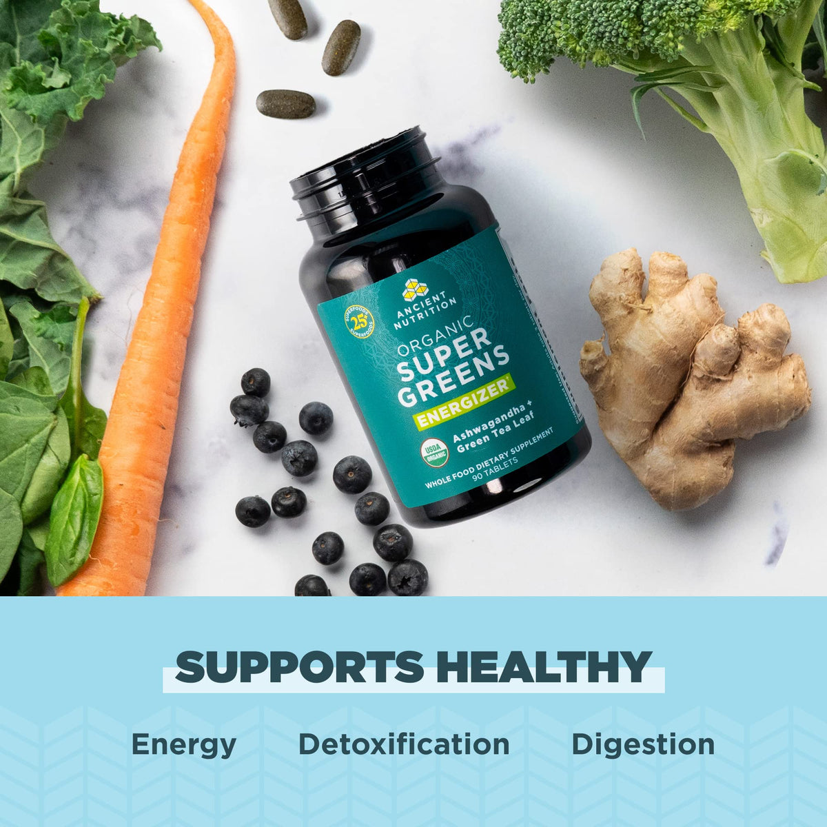 Ancient Nutrition Super Greens capsules dans un environnement naturel