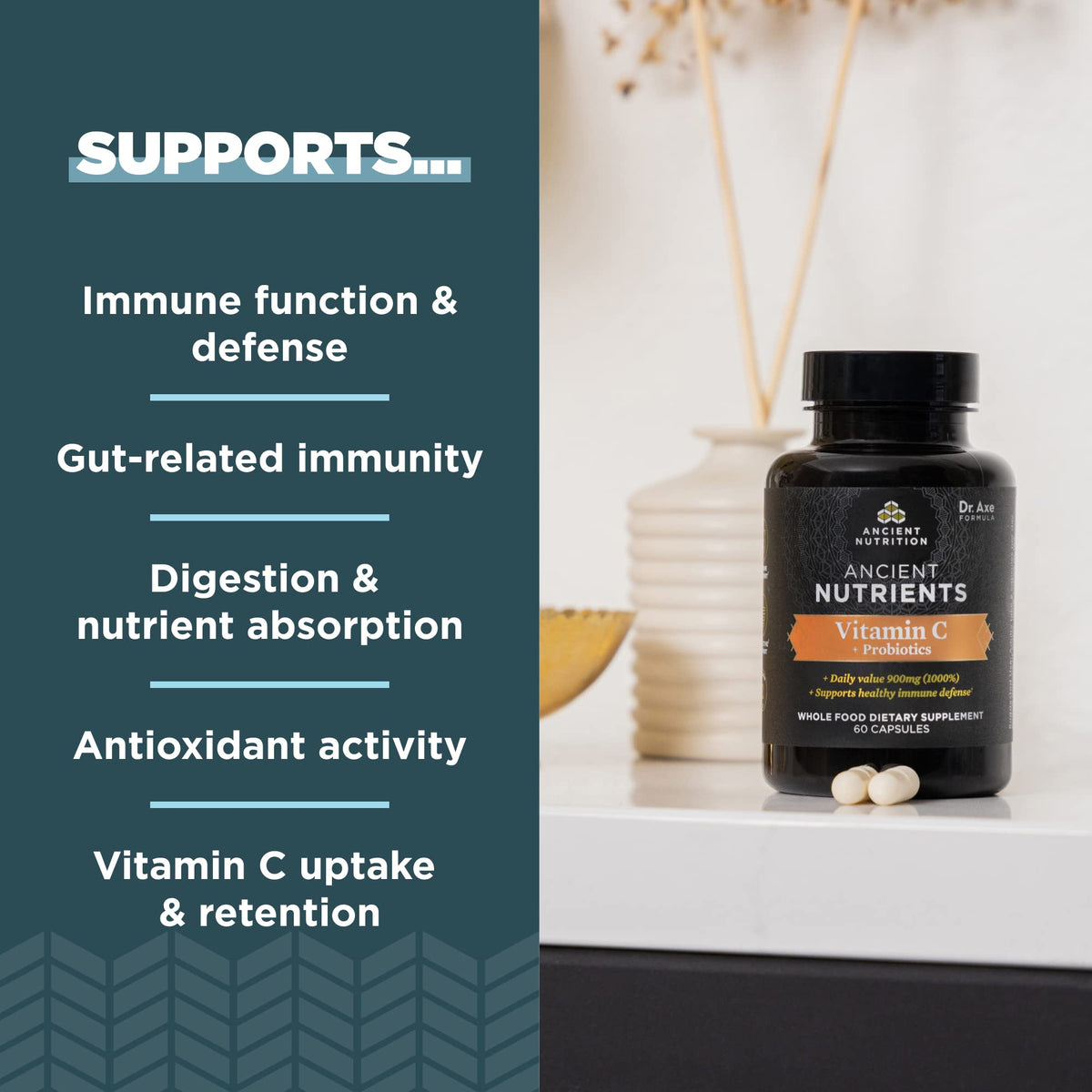 Ancient Nutrition Vitamine C 900mg + Probiotiques côté