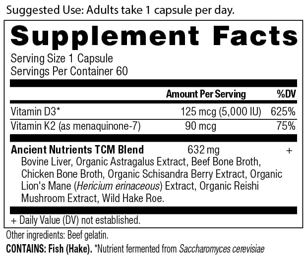 Ancient Nutrition Vitamine D3 + K2 5000 UI capsule side view