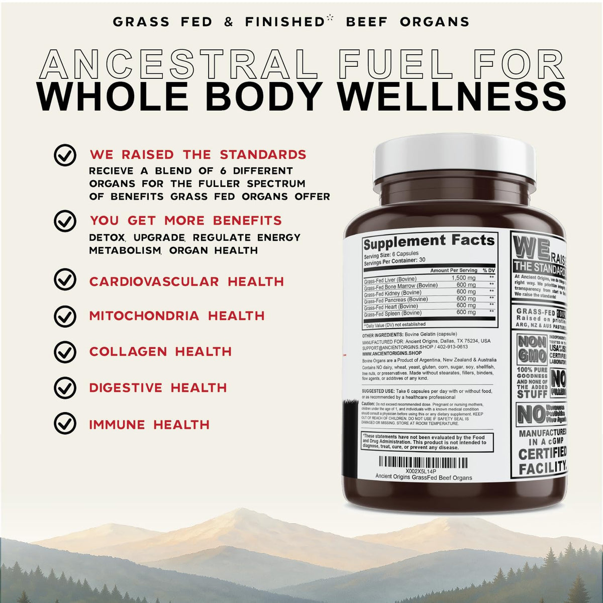 Ancient Origins Complément Alimentaire 4500 mg, capsules sur une surface en bois