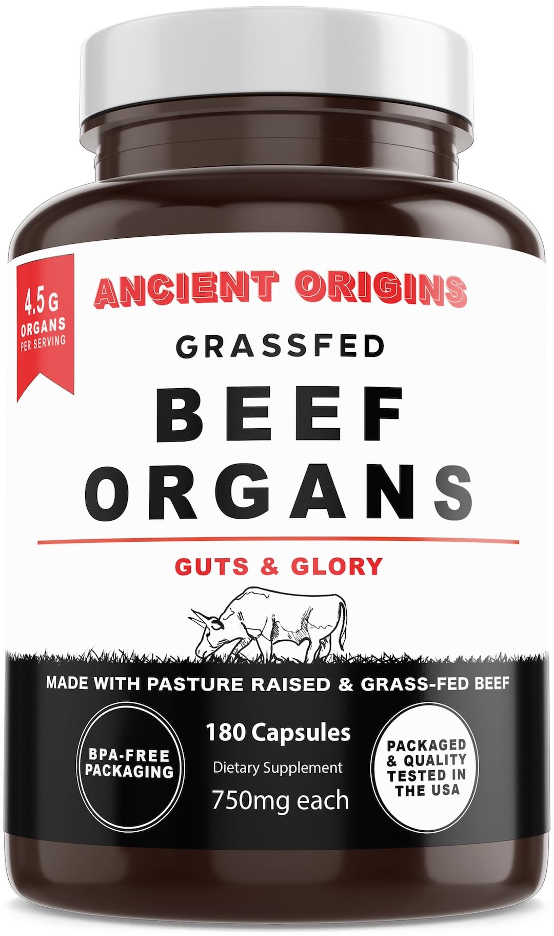 Ancient Origins Complément Alimentaire 4500 mg Organes de Boeuf, flacon avant