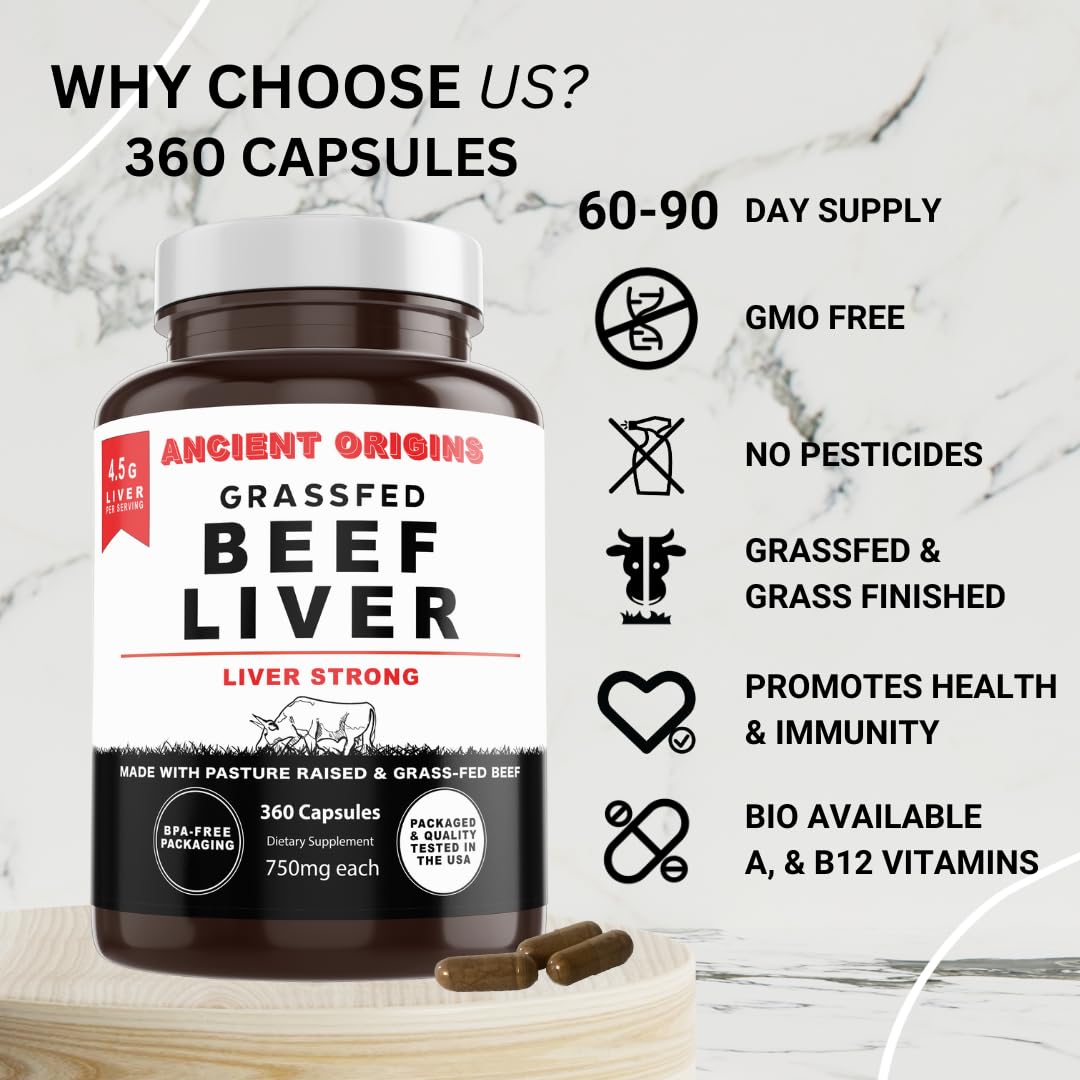 Ancient Origins Foie de Boeuf Élevé à l'Herbe 360 Capsules sur fond neutre