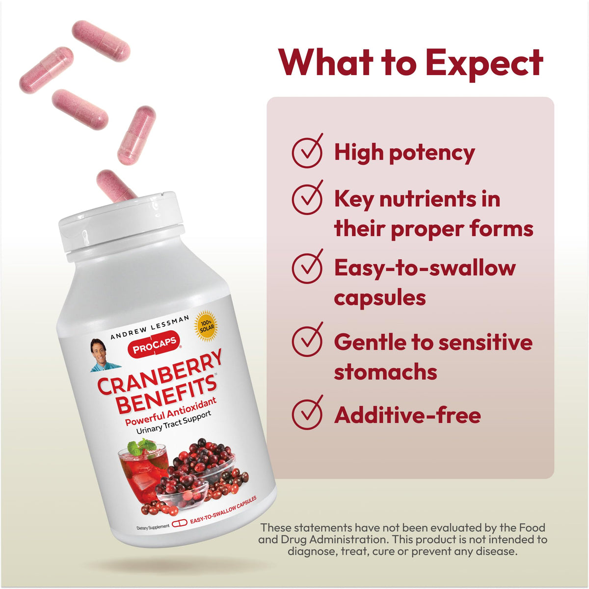 ANDREW LESSMAN Compléments Alimentaires Cranberry capsules sur un fond neutre