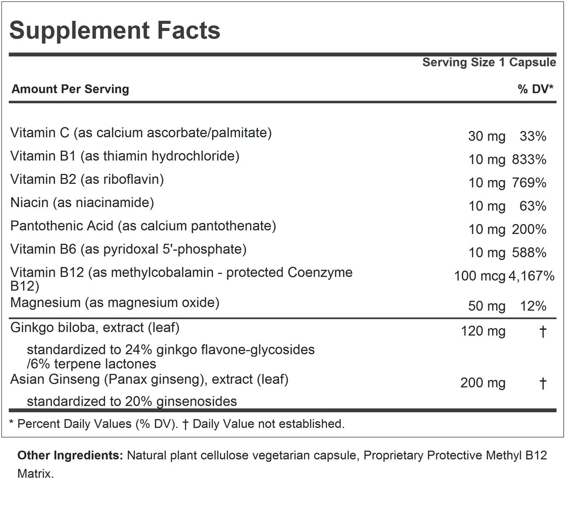 ANDREW LESSMAN ProCaps Ginkgo Ginseng 360 Capsules arrière avec informations nutritionnelles