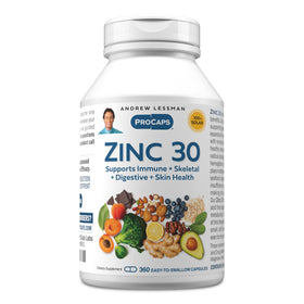 ANDREW LESSMAN Zinc 30 mg avec L-Lysine 360 capsules, vue de l'emballage