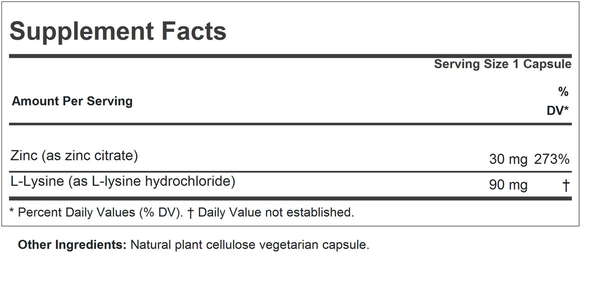 ANDREW LESSMAN Zinc 30mg L-Lysine 180 Capsules vue arrière