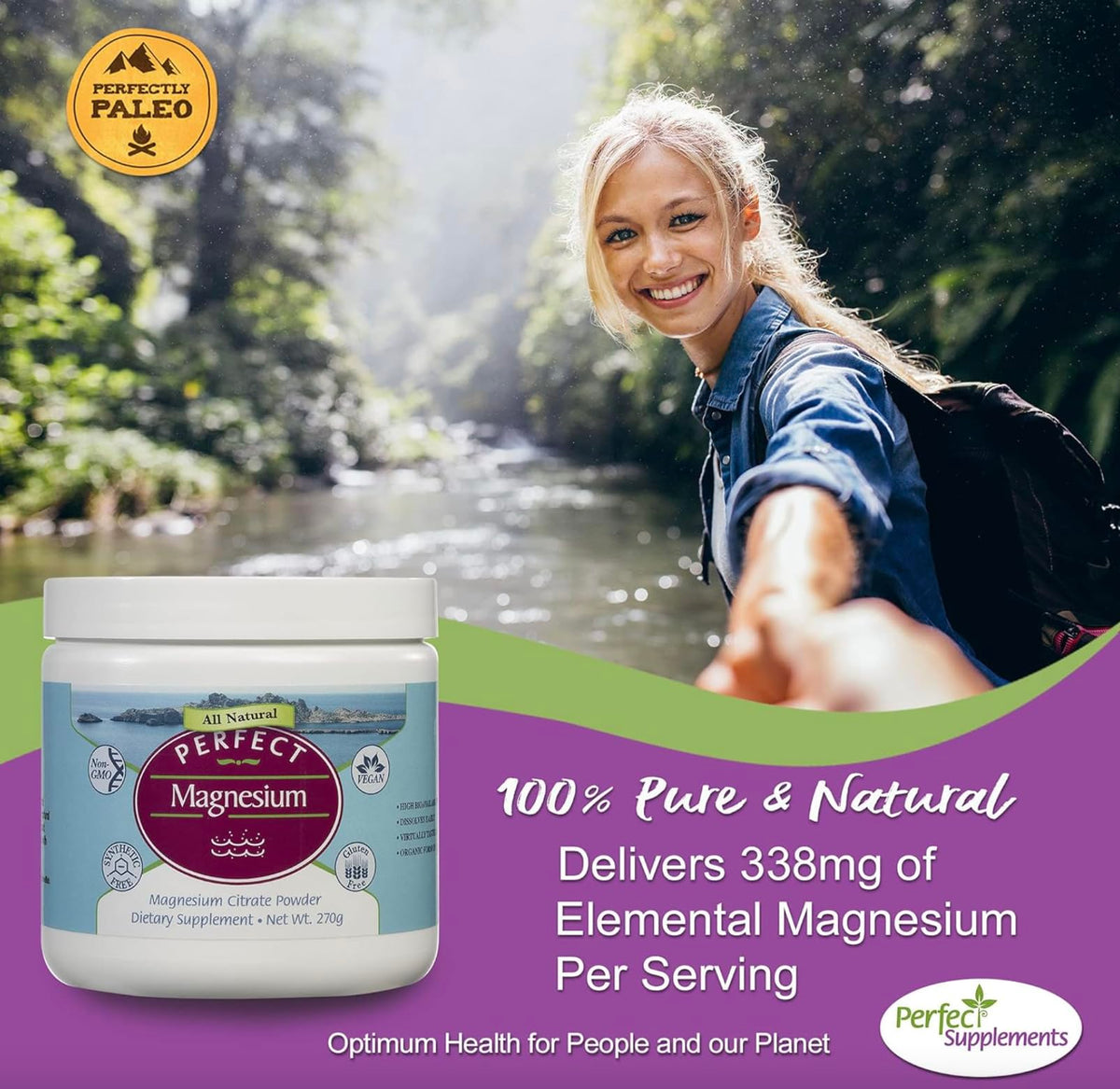 Angle de la boîte de poudre de citrate de magnésium Perfect Supplements