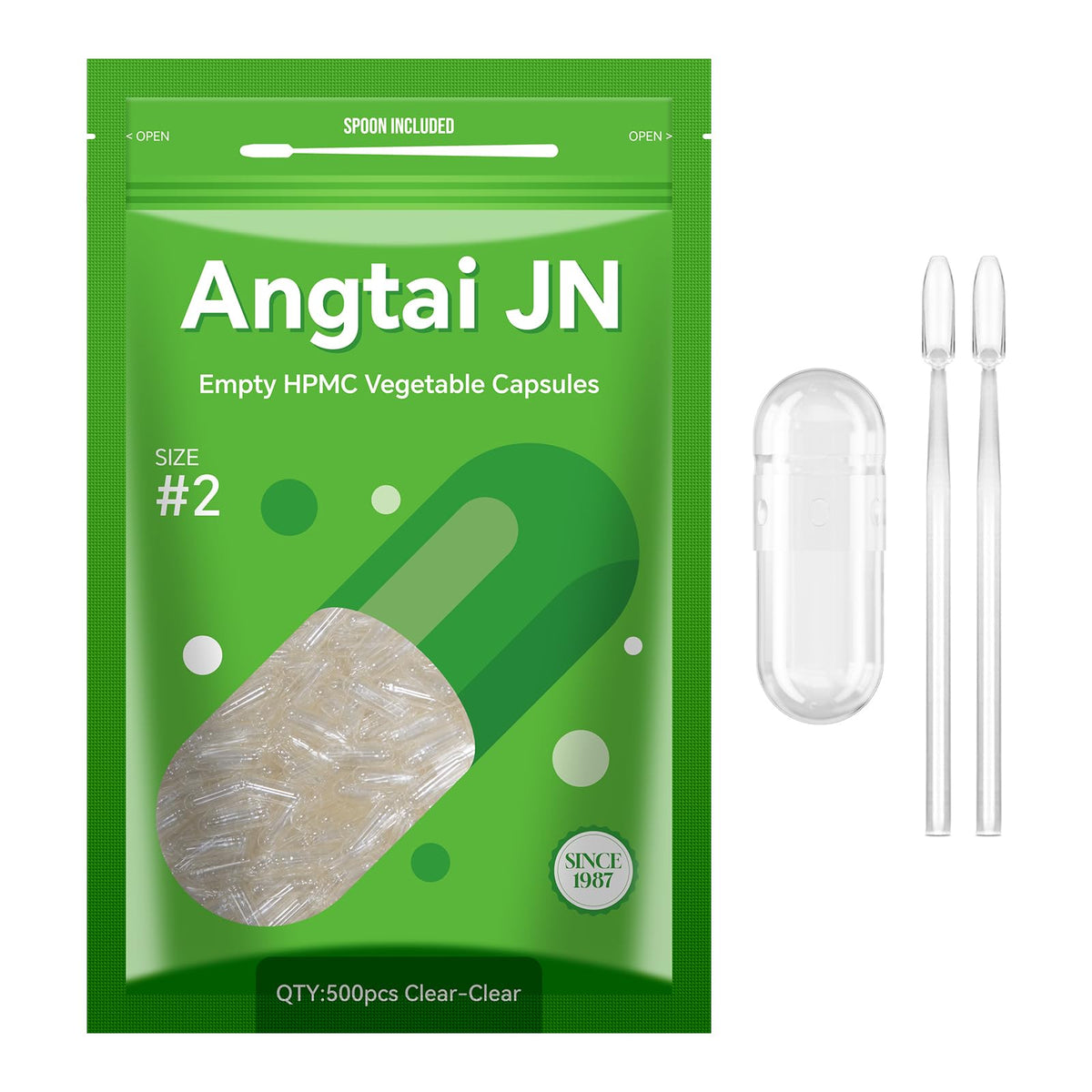 Angtai JN capsules végétales vides taille 2, 500 unités, vue de face